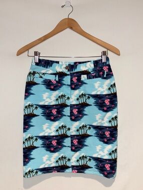 My Favorite is Tiara Light Blue Tropical Print Pencil Skirt with Pink Accents